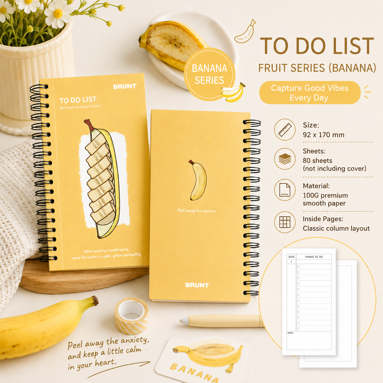 Fruit Series To Do List Notebook (Banana) – Spiral Bound Journal with Cute Fruit Cover, 80 Sheets, Portable Planner for Daily Notes, Study, Office and Personal Organisation