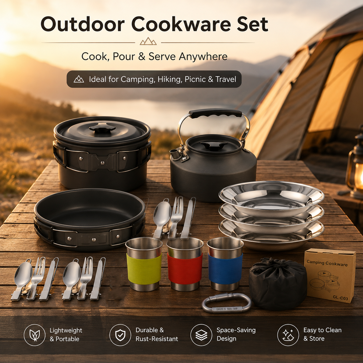 Black Camping Cookware Set for 2–3 People – Portable Outdoor Cooking Pot, Frying Pan & 1.1L Kettle Kit with Stainless Steel Plates, Cups & Cutlery, Lightweight Non-Stick Camping Cook Set for Hiking, Picnic, Backpacking & RV Travel