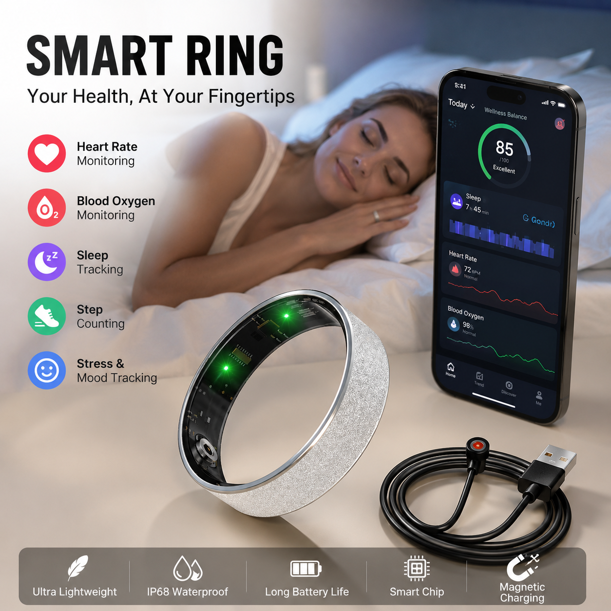 Smart Ring Size 11 (Silver) – Frosted Silver Wellness Tracker with Heart Rate, Blood Oxygen, Sleep, Steps and Mood Monitoring, IP68 Waterproof USB Magnetic Charging Ring