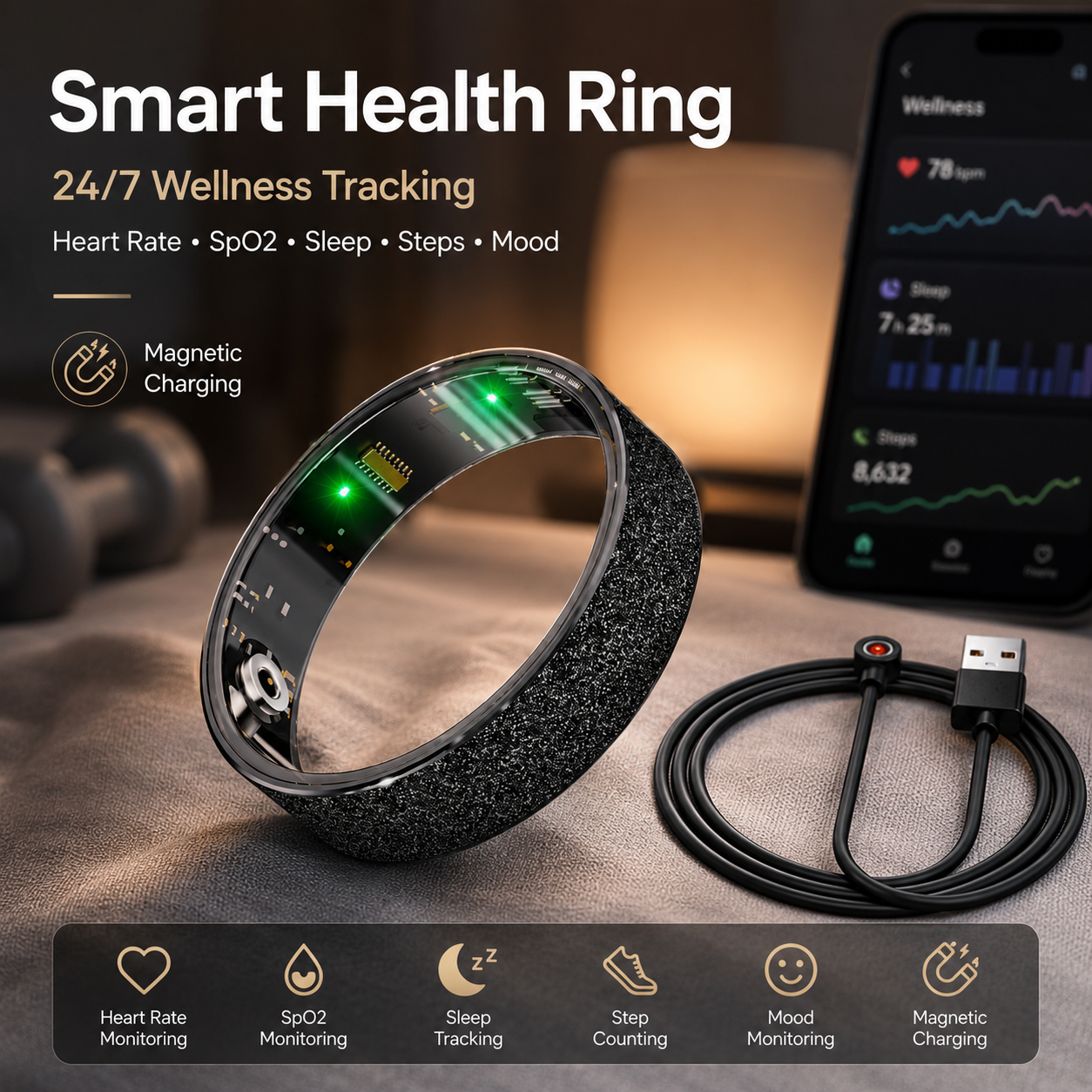 Smart Ring Size 8 (Black) – Frosted Black Wellness Tracker with Heart Rate, Blood Oxygen, Sleep, Steps and Mood Monitoring, IP68 Waterproof USB Magnetic Charging Ring