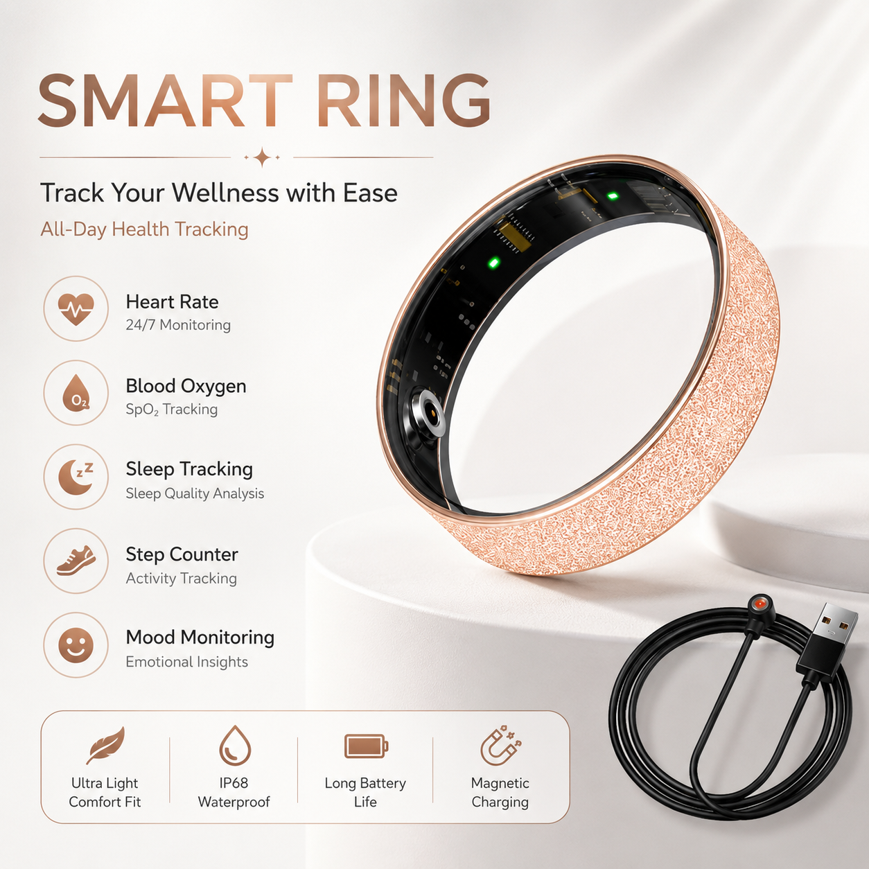 Smart Ring Size 9 (Rose Gold) – Frosted Rose Gold Wellness Tracker with Heart Rate, Blood Oxygen, Sleep, Steps and Mood Monitoring, IP68 Waterproof USB Magnetic Charging Ring