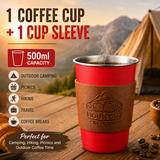 Red 304 Stainless Steel Camping Coffee Cup  with Leather Sleeve – 500ml Portable Outdoor Drinking Cup, Beer Cup, Travel Mug for Camping, Hiking, Picnic and Daily Coffee