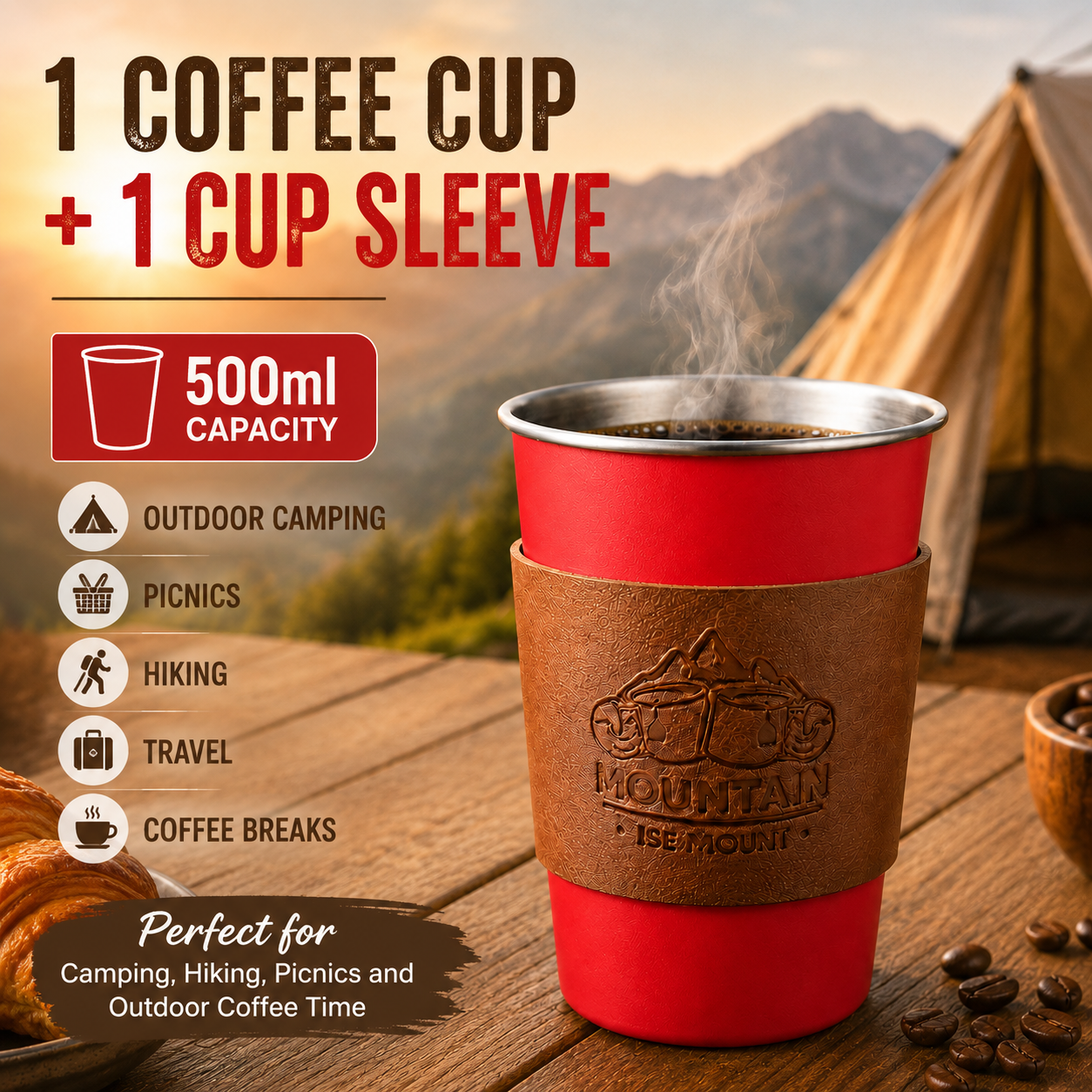 Red 304 Stainless Steel Camping Coffee Cup  with Leather Sleeve – 500ml Portable Outdoor Drinking Cup, Beer Cup, Travel Mug for Camping, Hiking, Picnic and Daily Coffee