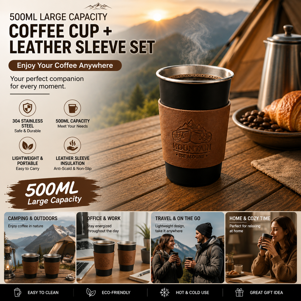 Black 304 Stainless Steel Camping Coffee Cup  with Leather Sleeve – 500ml Portable Outdoor Drinking Cup, Beer Cup, Travel Mug for Camping, Hiking, Picnic and Daily Coffee
