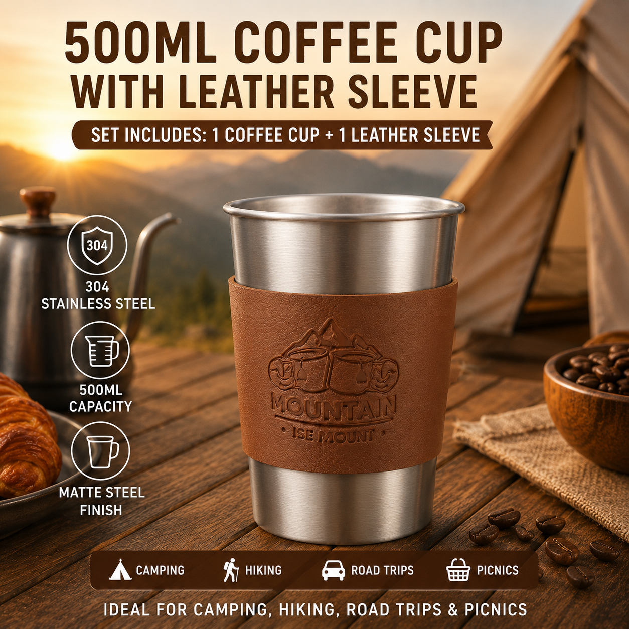 Silver 304 Stainless Steel Camping Coffee Cup  with Leather Sleeve – 500ml Portable Outdoor Drinking Cup, Beer Cup, Travel Mug for Camping, Hiking, Picnic and Daily Coffee