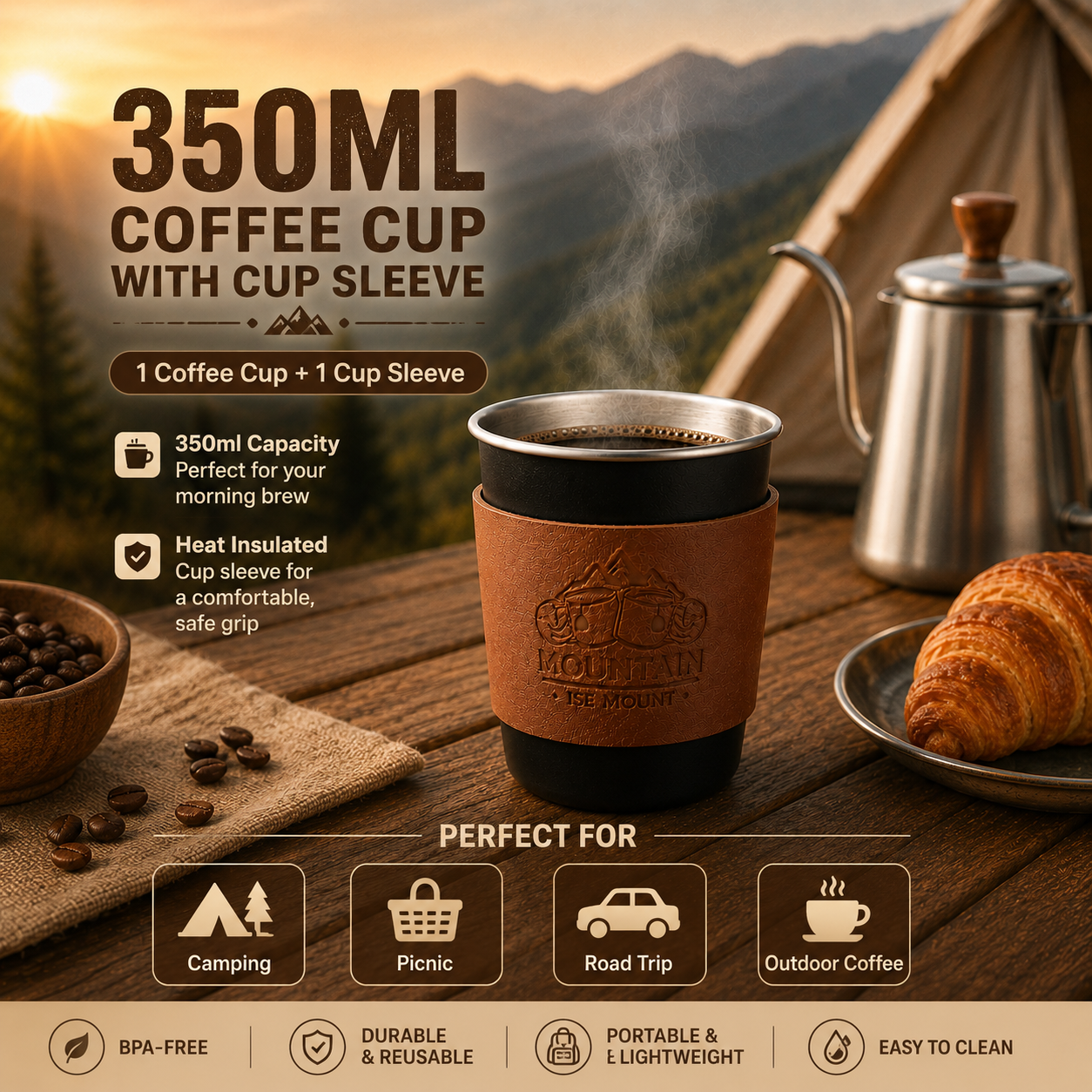 Black 304 Stainless Steel Camping Coffee Cup  with Leather Sleeve – 350ml Portable Outdoor Drinking Cup, Beer Cup, Travel Mug for Camping, Hiking, Picnic and Daily Coffee