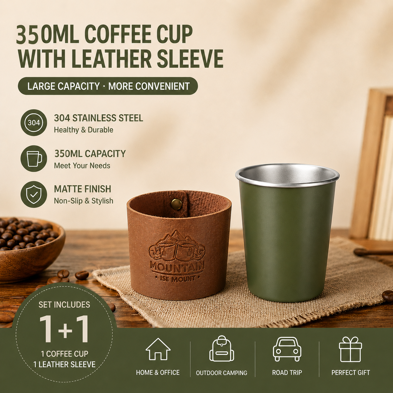 Green 304 Stainless Steel Camping Coffee Cup  with Leather Sleeve – 350ml Portable Outdoor Drinking Cup, Beer Cup, Travel Mug for Camping, Hiking, Picnic and Daily Coffee