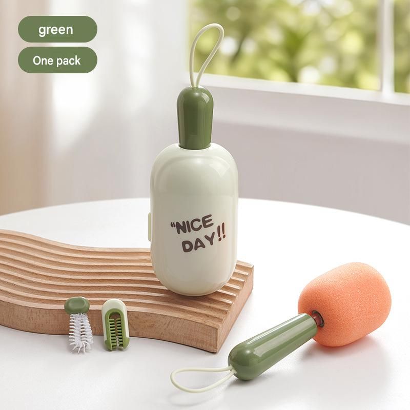 Green Portable 3-in-1 Cup Cleaning Brush Set – Extendable long-handled sponge head cup brush, silicone rim brush, and crevice brush; travel cup cleaner with storage case