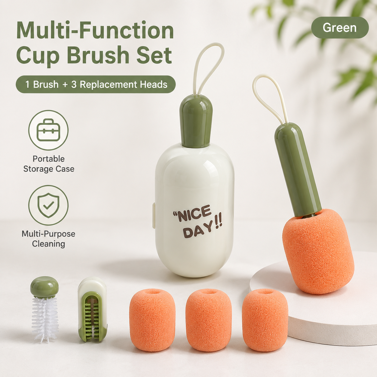 Green Portable 3-in-1 Cup Cleaning Brush Set with 3 Replacement Sponge Heads – Retractable Long Handle Bottle Brush for Travel Mugs, Coffee Cups, Water Bottles, Tumblers,Camping, Office & Home Use