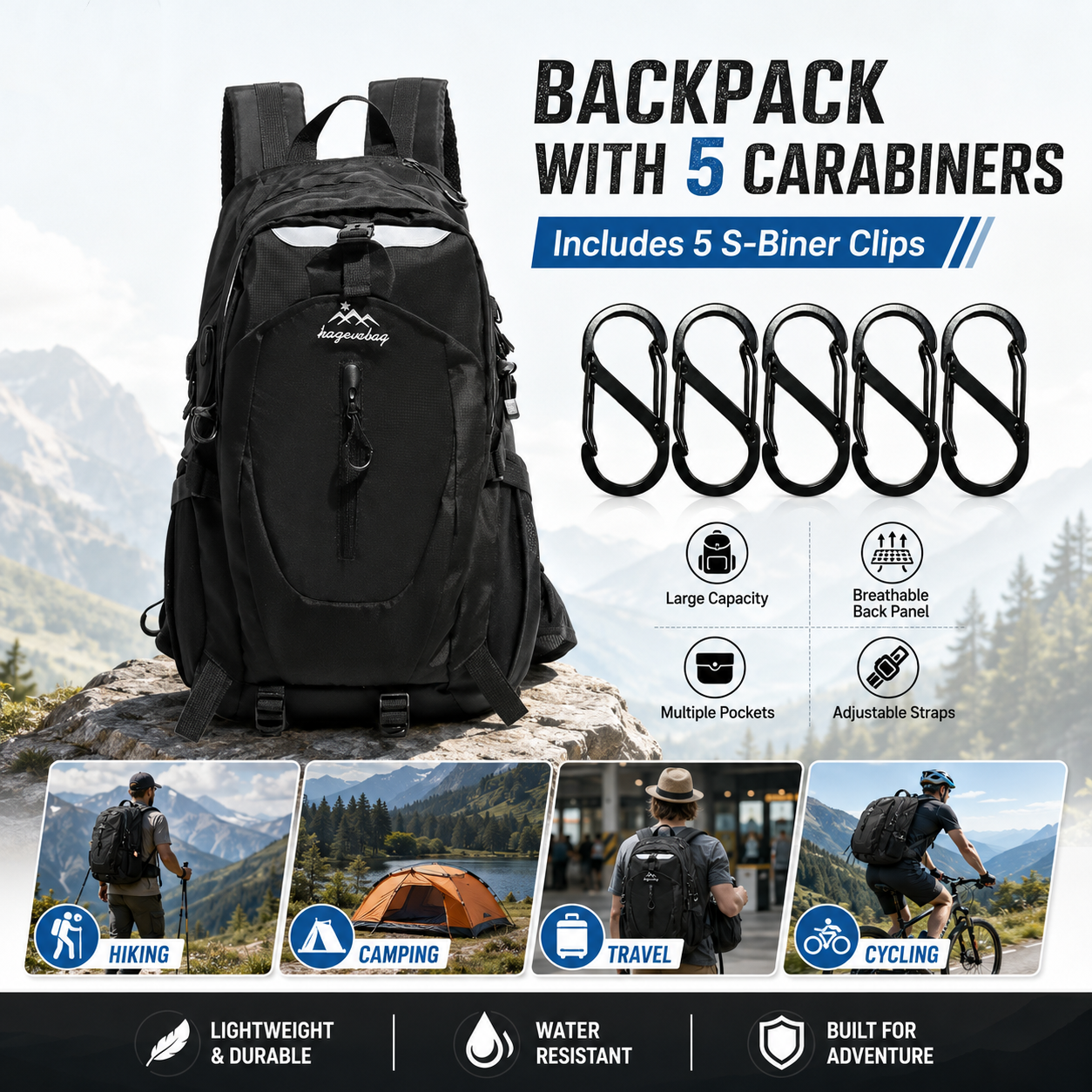 Black Hiking Backpack with 5 Carabiners Included – Lightweight Waterproof Outdoor Daypack for Men and Women, Breathable Cycling Hiking Trekking Camping Travel Backpack