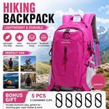 Rose Red Hiking Backpack with 5 Carabiners Included – Lightweight Waterproof Outdoor Daypack for Men and Women, Breathable Cycling Hiking Trekking Camping Travel Backpack