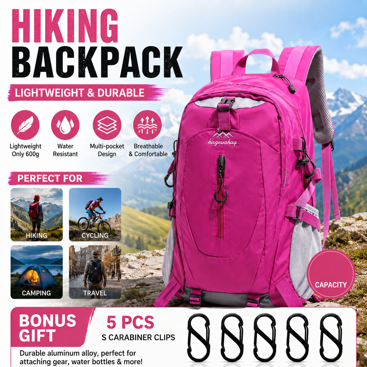 Rose Red Hiking Backpack with 5 Carabiners Included – Lightweight Waterproof Outdoor Daypack for Men and Women, Breathable Cycling Hiking Trekking Camping Travel Backpack