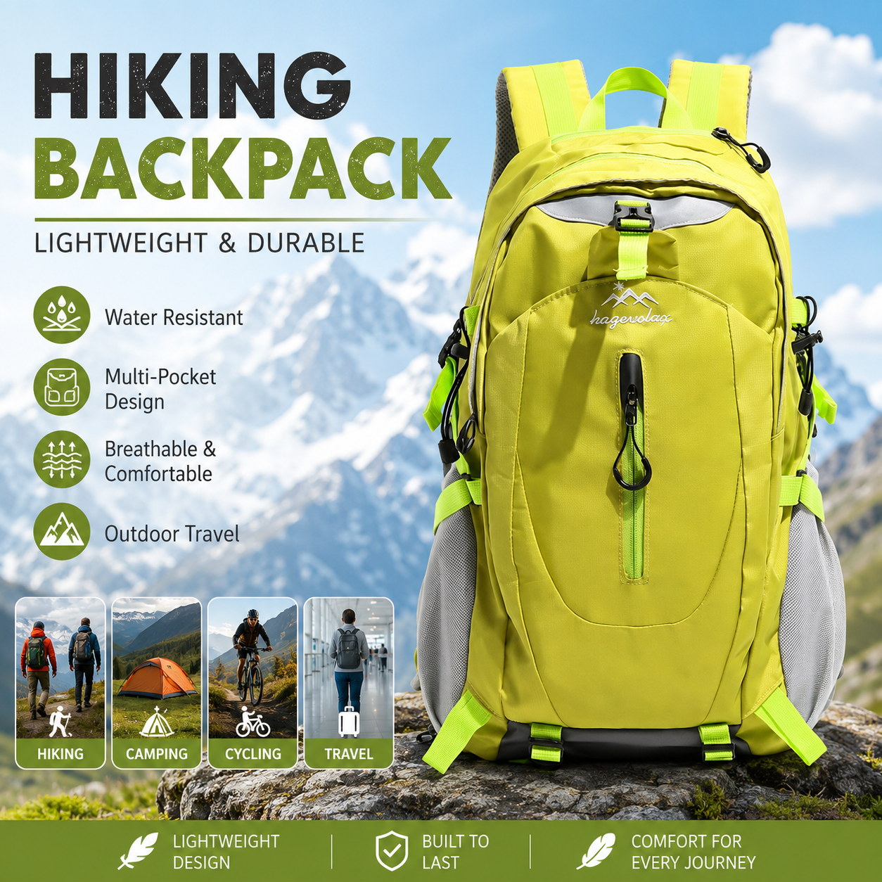 Fluorescent Green Outdoor Hiking Backpack - Lightweight Nylon Travel Daypack with Multi Pocket Storage, Water Resistant Design, Breathable Back Support for Trekking Camping Cycling Adventures