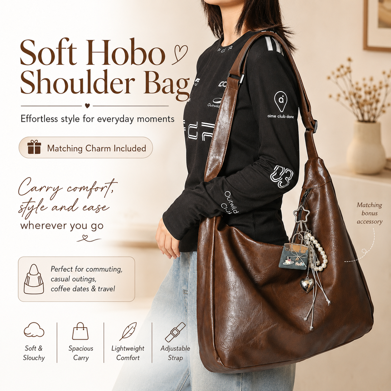 Black PU Leather Shoulder Bag - Large Capacity Hobo Handbag with Adjustable Strap, Soft Slouch Tote Purse for Women Daily Commute Shopping Travel and Casual Outings