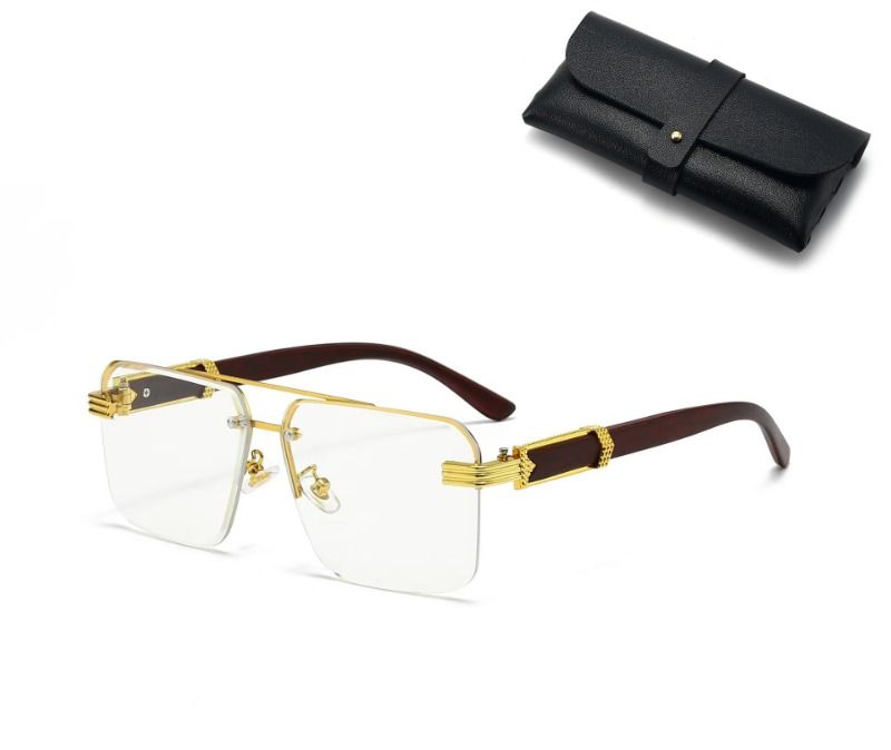 Square Rimless Diamond Cut Sunglasses with Black PU Leather Storage Case - Gold Frame Wood Grain White Sunscreen Glasses for Men & Women