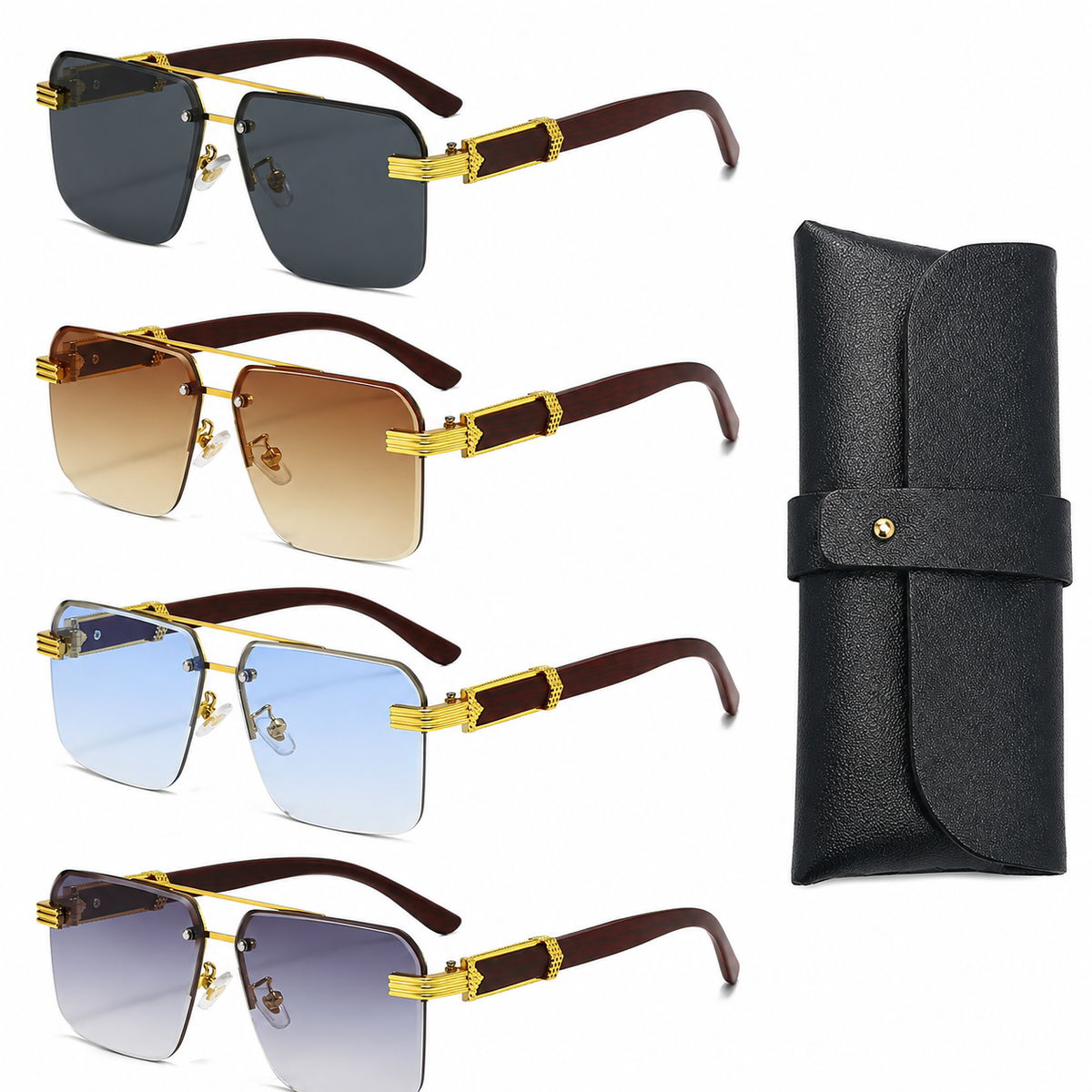 4PCS Square Rimless Diamond Cut Sunglasses with Black PU Leather Storage Case - Gold Frame Wood Grain Sunscreen Glasses for Men & Women