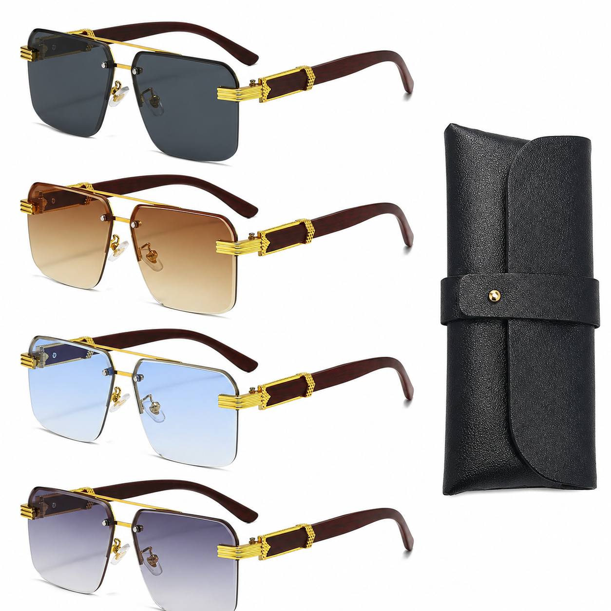 4PCS Square Rimless Diamond Cut Sunglasses with Black PU Leather Storage Case - Gold Frame Wood Grain Sunscreen Glasses for Men & Women