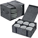 2 Piece Set of Grey Foldable Crockery & Mug Storage Organizer (Holds 8 Plates + 6 Mugs) - Felt Camping & Picnic Dinnerware Storage Box with Handle and Secure Closure