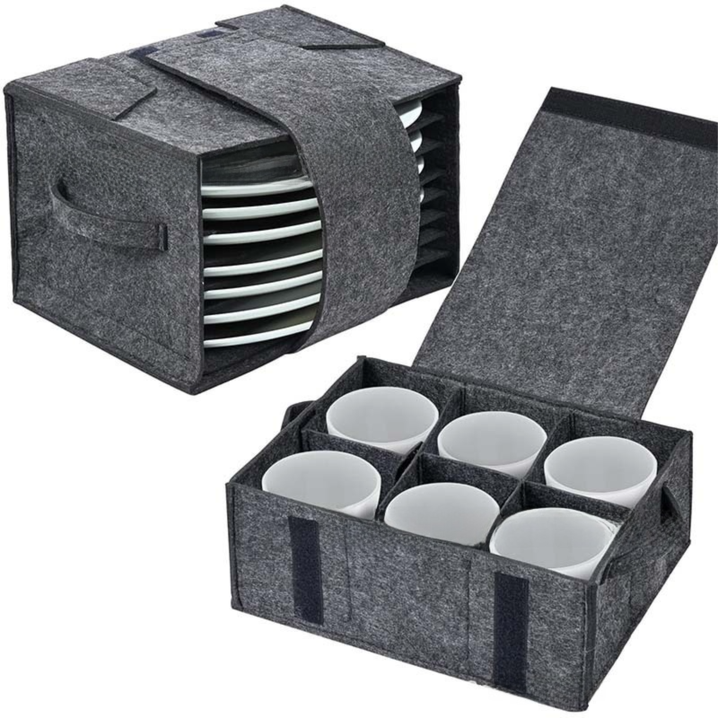 2 Piece Set of Grey Foldable Crockery & Mug Storage Organizer (Holds 8 Plates + 6 Mugs) - Felt Camping & Picnic Dinnerware Storage Box with Handle and Secure Closure