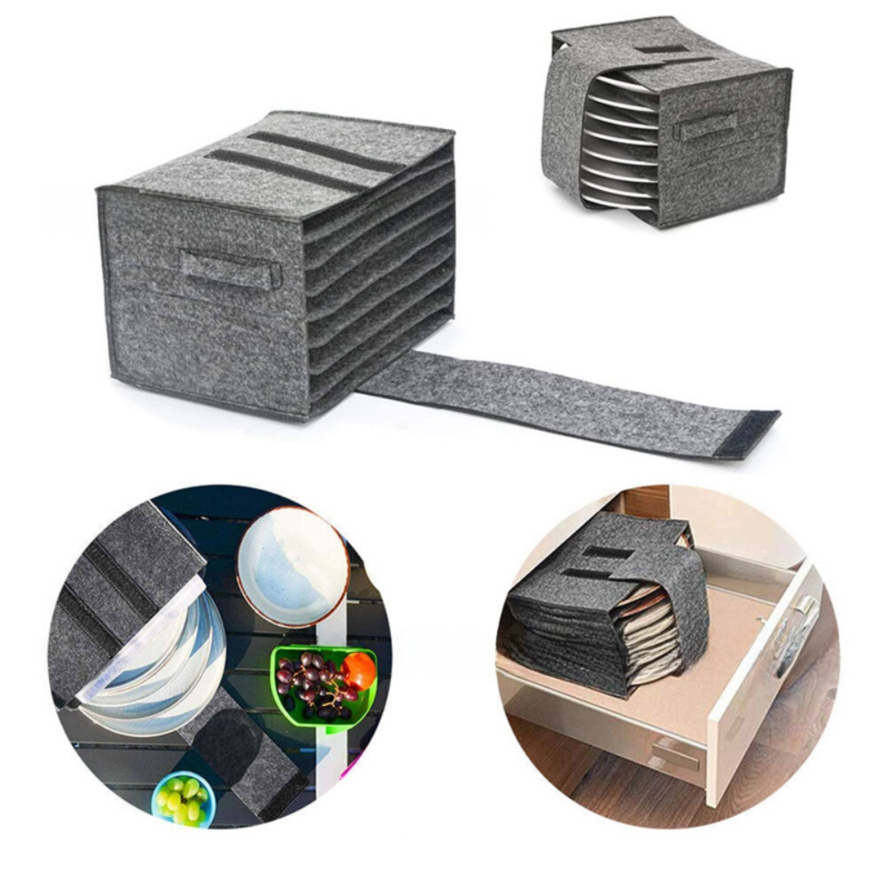 2 Pack Grey Foldable Crockery Storage Organizer (Holds 8 Plates) - Felt Camping & Picnic Dinnerware Storage Box with Handle and Secure Closure