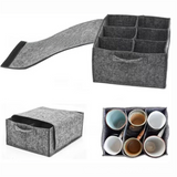 2 Pack Grey Foldable Mug Storage Organizer (Holds 6 Mugs) - Felt Camping & Picnic Dinnerware Storage Box with Handle and Secure Closure