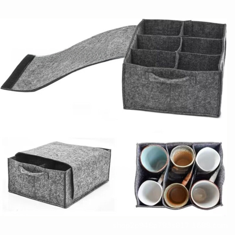 2 Pack Grey Foldable Mug Storage Organizer (Holds 6 Mugs) - Felt Camping & Picnic Dinnerware Storage Box with Handle and Secure Closure