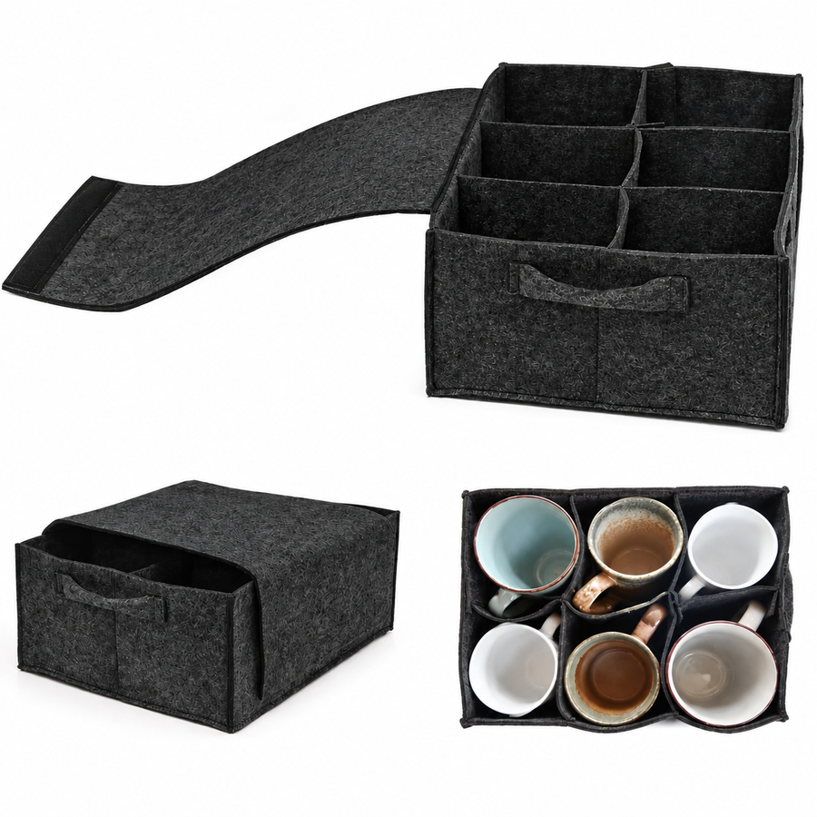 2 Pack Dark Grey Foldable Mug Storage Organizer (Holds 6 Mugs) - Felt Camping & Picnic Dinnerware Storage Box with Handle and Secure Closure
