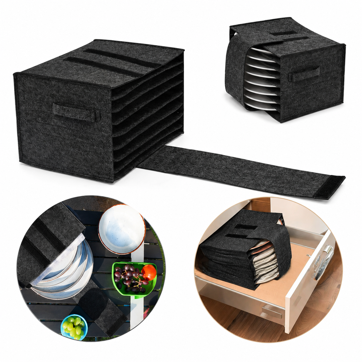 2 Pack Dark Grey Foldable Crockery Storage Organizer (Holds 8 Plates) - Felt Camping & Picnic Dinnerware Storage Box with Handle and Secure Closure