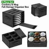 2 Piece Set of Dark Grey Foldable Crockery & Mug Storage Organizer (Holds 8 Plates + 6 Mugs) - Felt Camping & Picnic Dinnerware Storage Box with Handle and Secure Closure