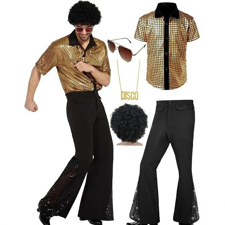 S size Men's 70s Disco Costume Set - Gold Plaid shirt with Black Bell Bottom Pants & Accessories, Retro Polyester Dance Outfit for Parties and Halloween