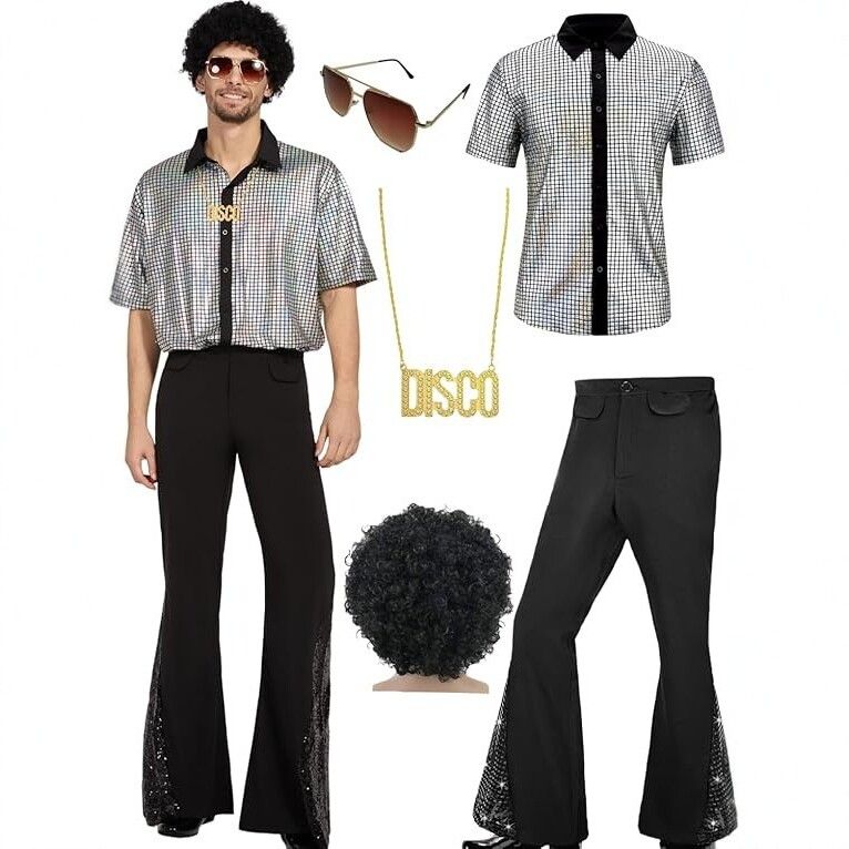 S size Men's 70s Disco Costume Set - Silvery Plaid shirt with Black Bell Bottom Pants & Accessories, Retro Polyester Dance Outfit for Parties and Halloween