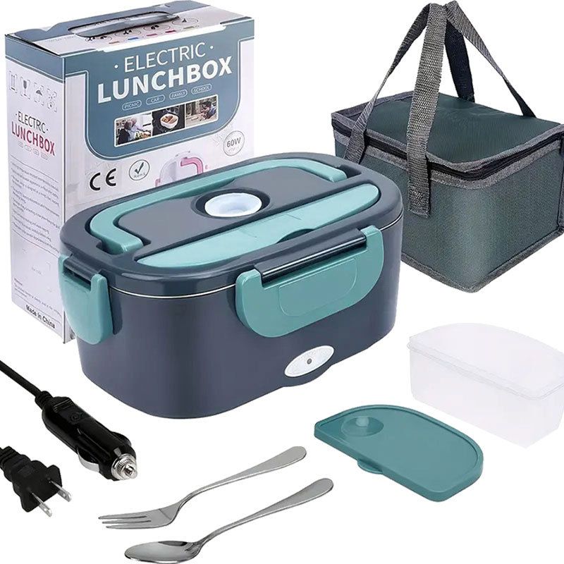 Green Electric Lunch Box 1.5L - Portable Food Heater with 12V Car and 240V Home Plug, Stainless Steel Container and Leak Proof Lid - Heated Lunchbox for Office, Truck Drivers, Camping and Travel