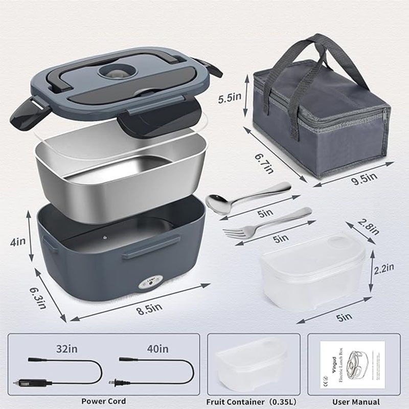 Grey Electric Lunch Box 1.5L - Portable Food Heater with 12V Car and 240V Home Plug, Stainless Steel Container and Leak Proof Lid - Heated Lunchbox for Office, Truck Drivers, Camping and Travel