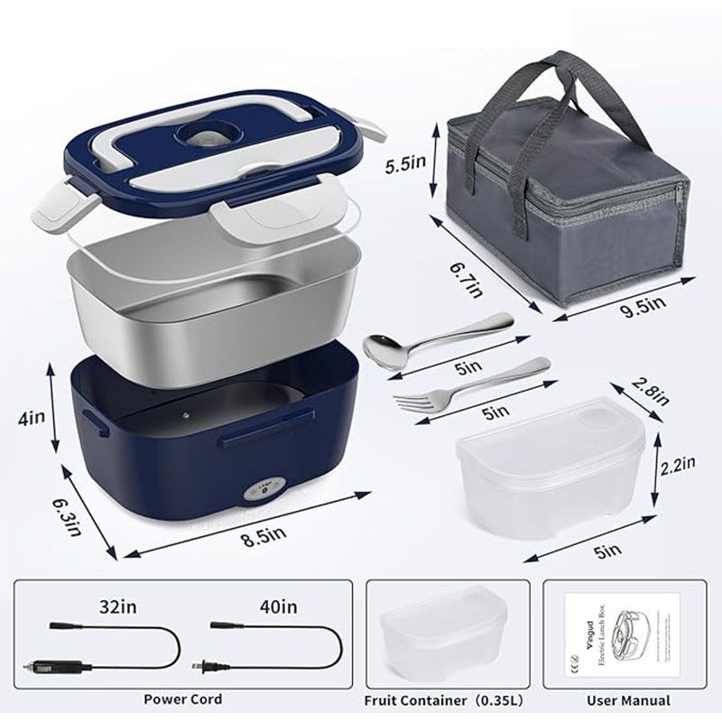 Blue Electric Lunch Box 1.5L - Portable Food Heater with 12V Car and 240V Home Plug, Stainless Steel Container and Leak Proof Lid - Heated Lunchbox for Office, Truck Drivers, Camping and Travel