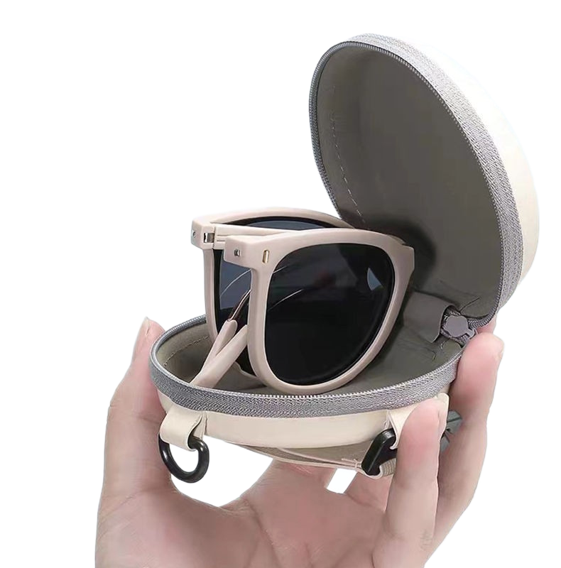 Beige Foldable Sunglasses for Women -  Protection Fashion Square Round Frame with Spring Hinge - Lightweight Portable Travel Shades for Driving and Outdoor