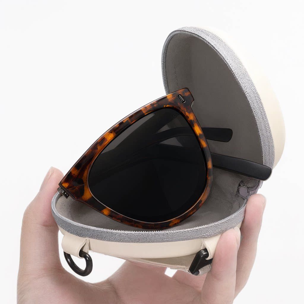 Brown Foldable Sunglasses for Women -  Protection Fashion Square Round Frame with Spring Hinge - Lightweight Portable Travel Shades for Driving and Outdoor