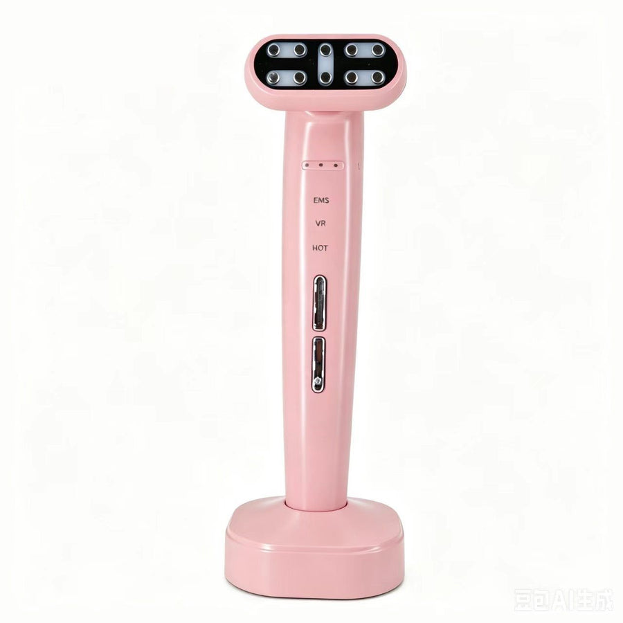 Pink EMS Eye Massager with Heat and Light Therapy - 360 Rotating Head, Multi-Color LED, Vibration Facial Device, USB Rechargeable Skincare Tool for Dark Circles and Puffy Eyes