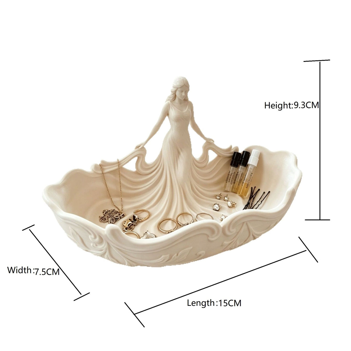 White 15*7.5*9.3cm Elegant Lady Dress Shaped Jewelry Tray - Creative Storage Organizer for Rings Necklaces Earrings, Decorative Vanity Tabletop Display Bowl for Bedroom Dresser Entryway
