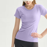 Purple L size  Seamless Yoga Top Women - Lightweight Nylon Short Sleeve Workout Shirt - Breathable Mesh Structure, Slimming Waist Fit, Quick Dry Athletic Tee for Running Gym Fitness