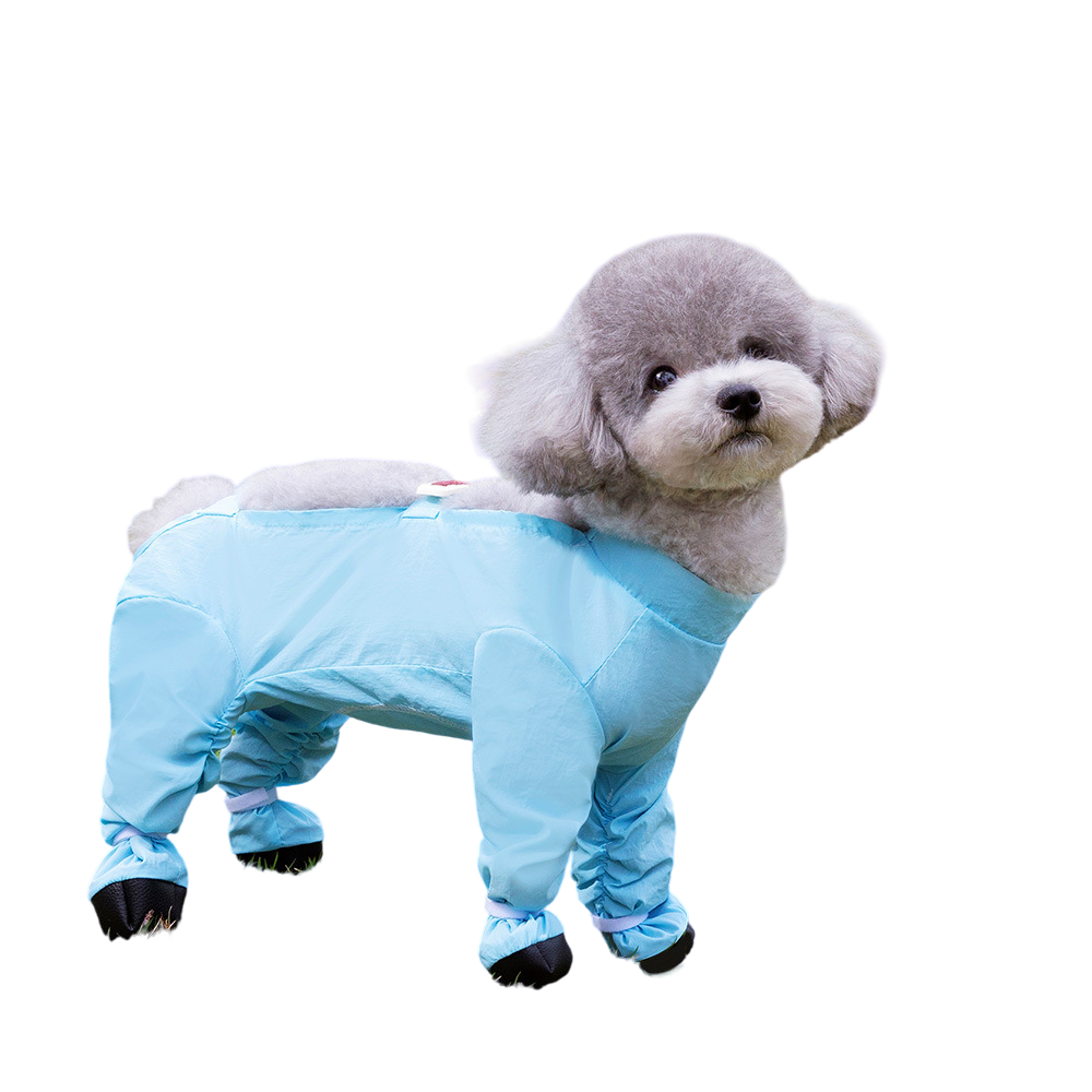 Blue Size S Four-Leg Dog Rain Suit with Paw Covers - Waterproof Pet Jumpsuit with Adjustable Fasteners for Rainy Walks, Mud and Outdoor Dirt Protection
