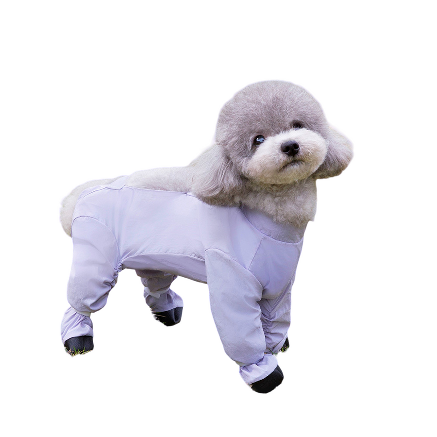 Purple Size M Four-Leg Dog Rain Suit with Paw Covers - Waterproof Pet Jumpsuit with Adjustable Fasteners for Rainy Walks, Mud and Outdoor Dirt Protection