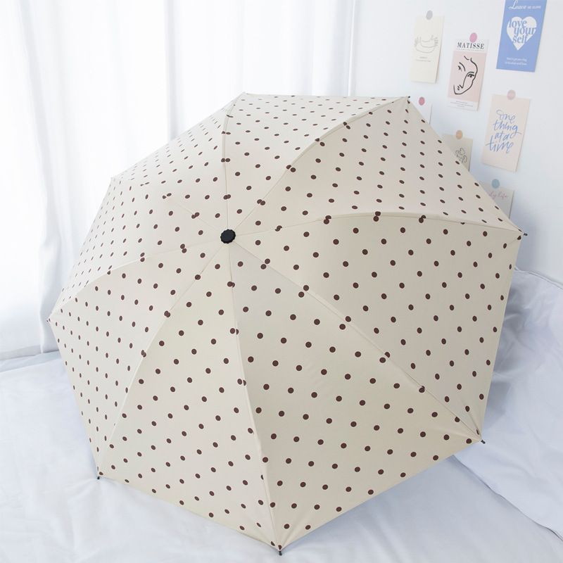 Beige Polka Dot Manual Folding Umbrella - 112 cm Canopy with Black Coating, Reinforced 8-Rib Frame and Compact 26 cm Design for Sun, Rain, Travel and Daily Commute