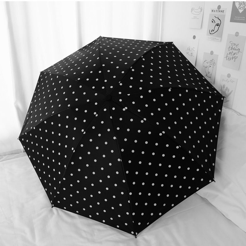 Black Polka Dot Manual Folding Umbrella - 112 cm Canopy with Black Coating, Reinforced 8-Rib Frame and Compact 26 cm Design for Sun, Rain, Travel and Daily Commute