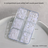 6-Grid Assorted Half-Pearl Nail Art Kit - Mixed Sizes 1.5mm-6mm - Pure White Flatback Beads for Nail Art & Crafts