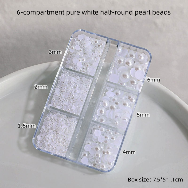 6-Grid Assorted Half-Pearl Nail Art Kit - Mixed Sizes 1.5mm-6mm - Pure White Flatback Beads for Nail Art & Crafts