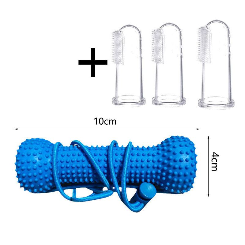 Dog Dental Chew Toy and Finger Brush Set - 10cm Blue Hands Free Chew Toy with 3 Silicone Finger Brushes for Pet Teeth Cleaning and Daily Oral Care