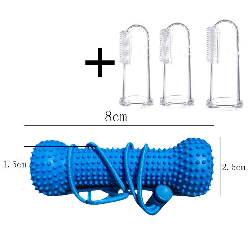 Dog Dental Chew Toy and Finger Brush Set - 8cm Blue Hands Free Chew Toy with 3 Silicone Finger Brushes for Pet Teeth Cleaning and Daily Oral Care