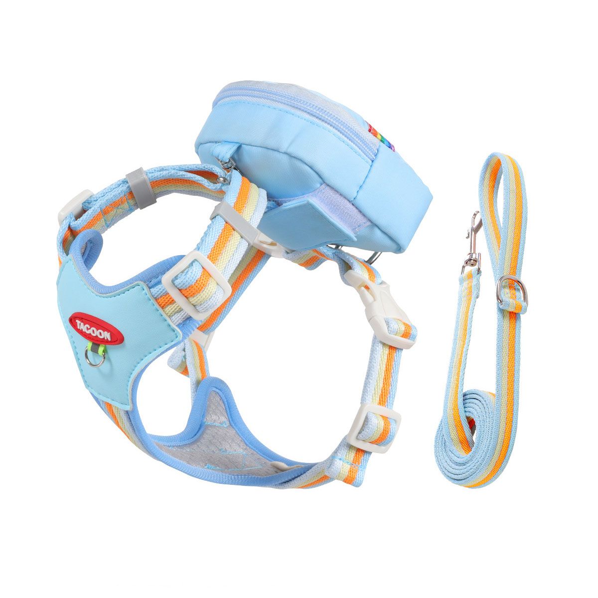 Size M 3-in-1 Mini Pet Backpack-Style Carrier Set - Light Blue Rainbow Shoulder Straps Dog Carrier with Detachable Treat Pouch and Matching Leash, Suitable for Daily Walks