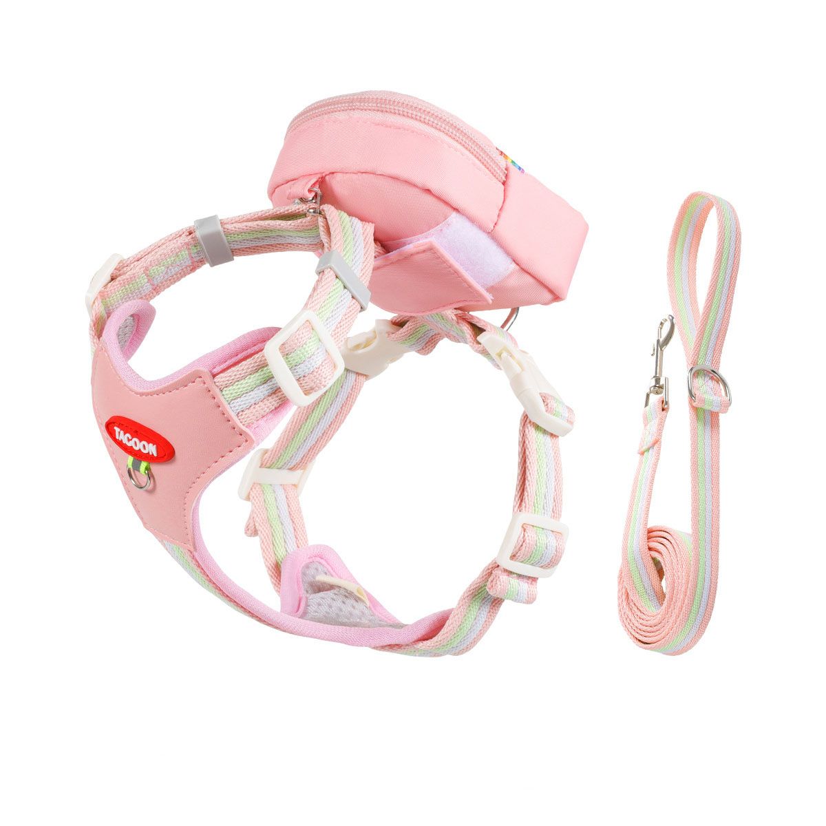 Pink Size L 3-in-1 Mini Pet Backpack-Style Carrier Set - Adjustable dog harness with detachable treat pouch and matching leash, suitable for daily walks