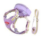 Purple Size M 3-in-1 Mini Pet Backpack-Style Carrier Set - Adjustable dog harness with detachable treat pouch and matching leash, suitable for daily walks